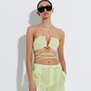 LAPOINTE Sequin Bra Wrap Around Crop Top In Limon